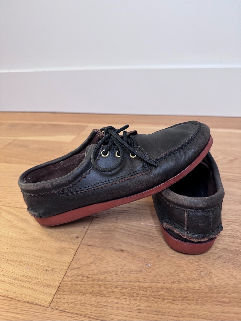 Quoddy Black Leather Boat Shoes with Red-Brown Sole